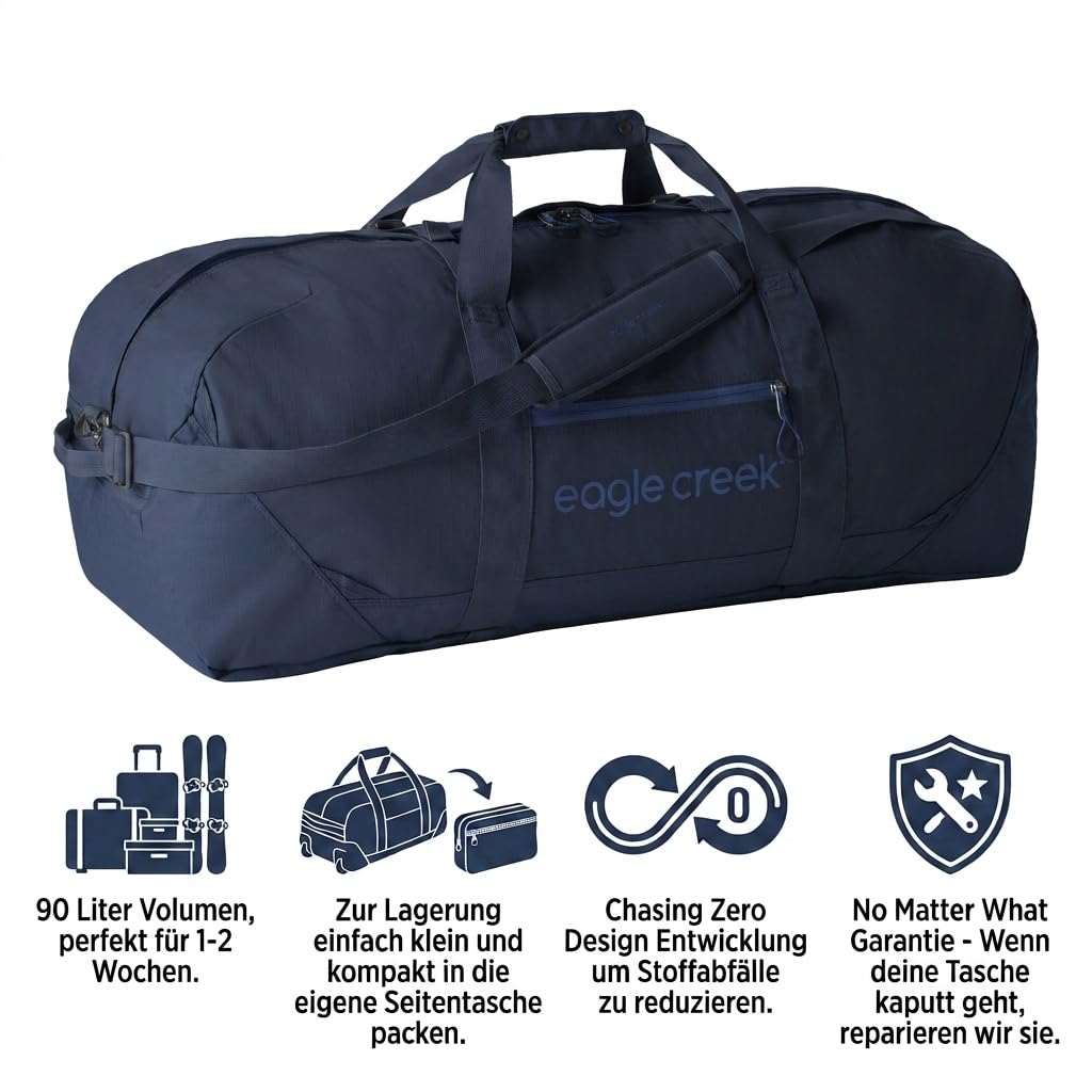 Eagle Creek No Matter What Duffle Bag 90L I Heavy Duty & Packable Travel Holdall I Sustainable Travel Bag for Camping & Adventure I 90L Capacity I Atlantic Blue