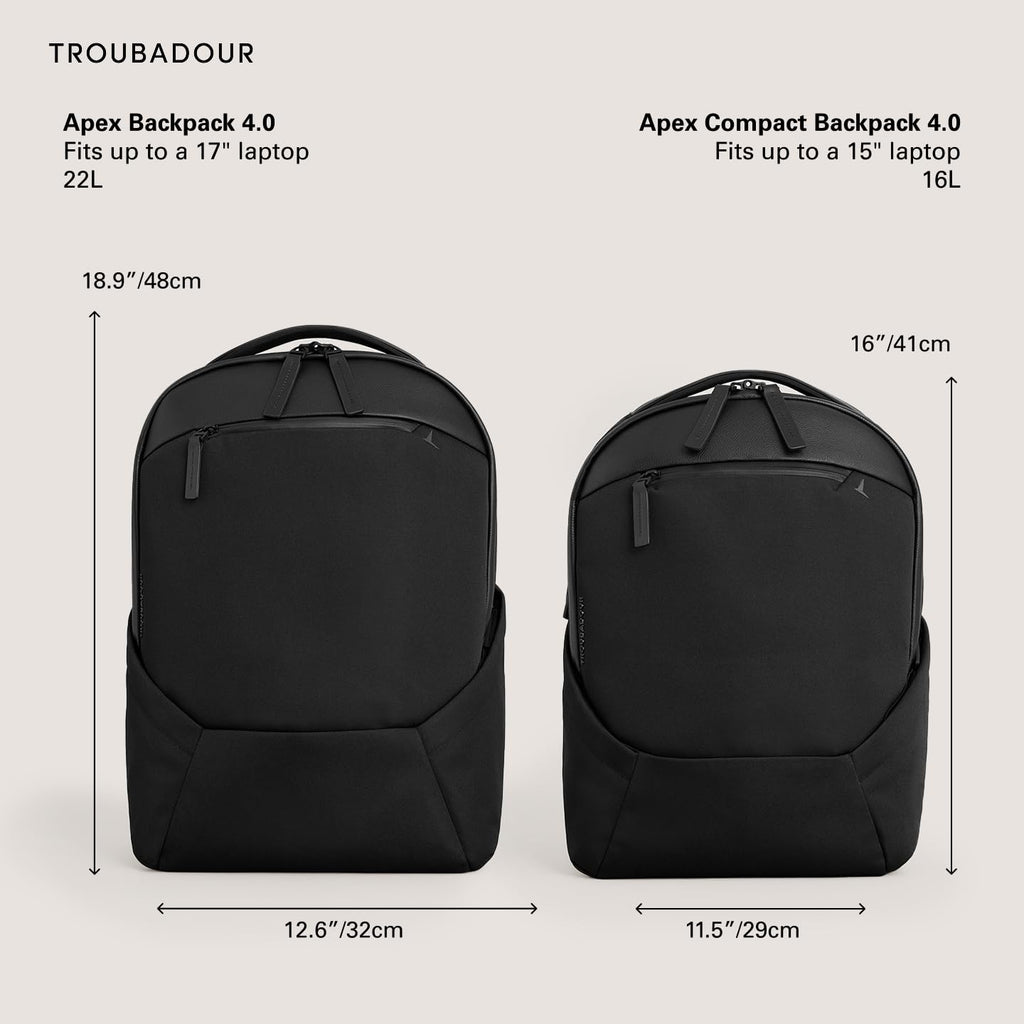 Troubadour Apex Compact Backpack 4.0-16L Premium Laptop Backpack - Ergonomic & Water Resistant - Designed for Work and Travel - Black